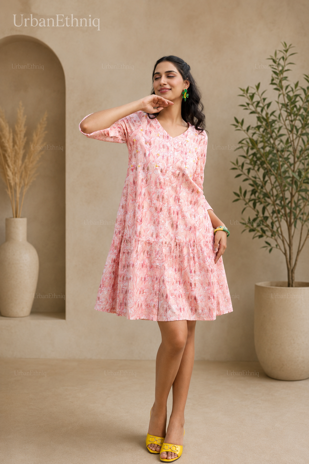 Pink Floral Printed  A-Line Dress